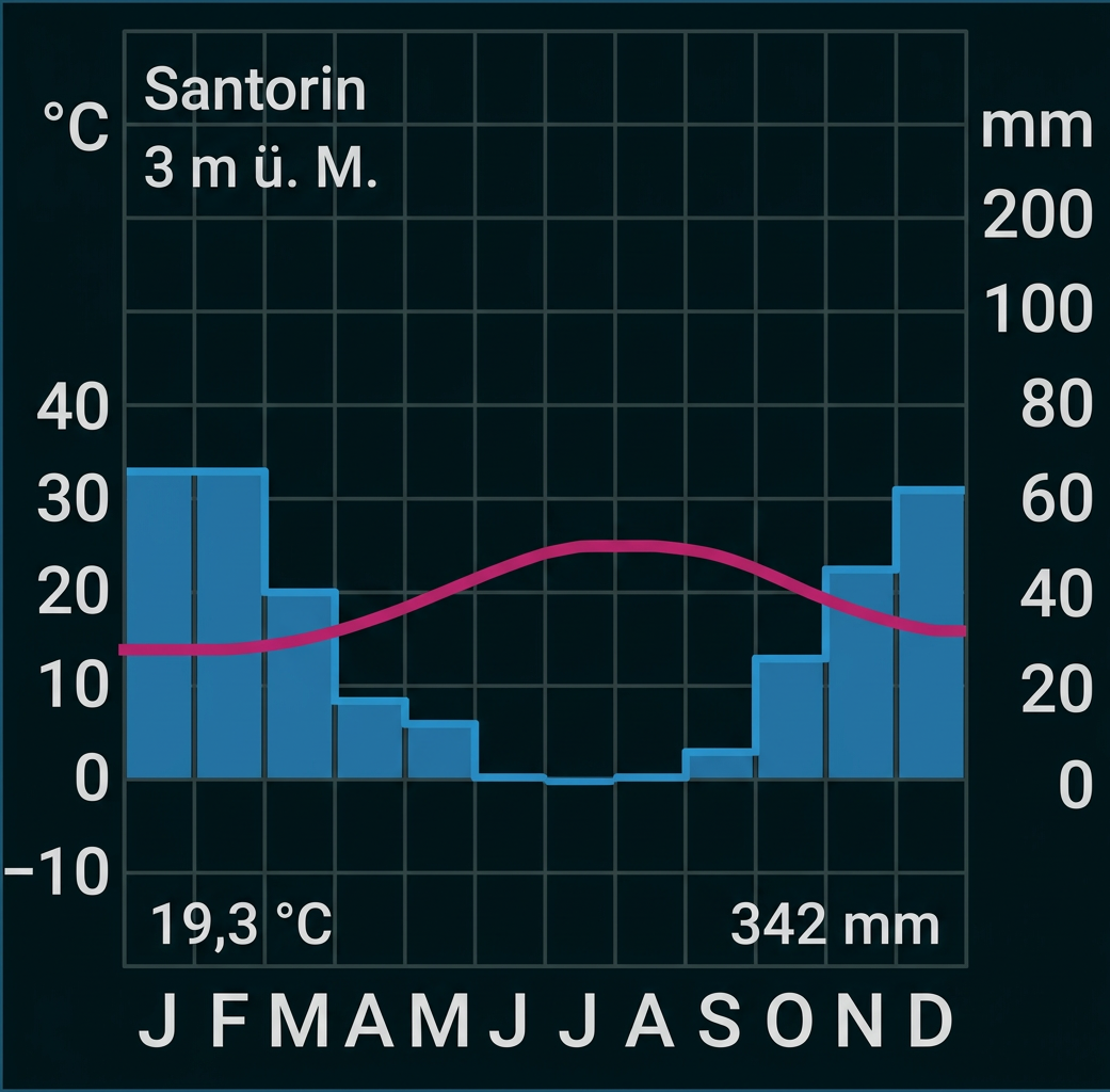 Klimadiagramm von Santorin mit Temperatur- und Niederschlagsverlauf.